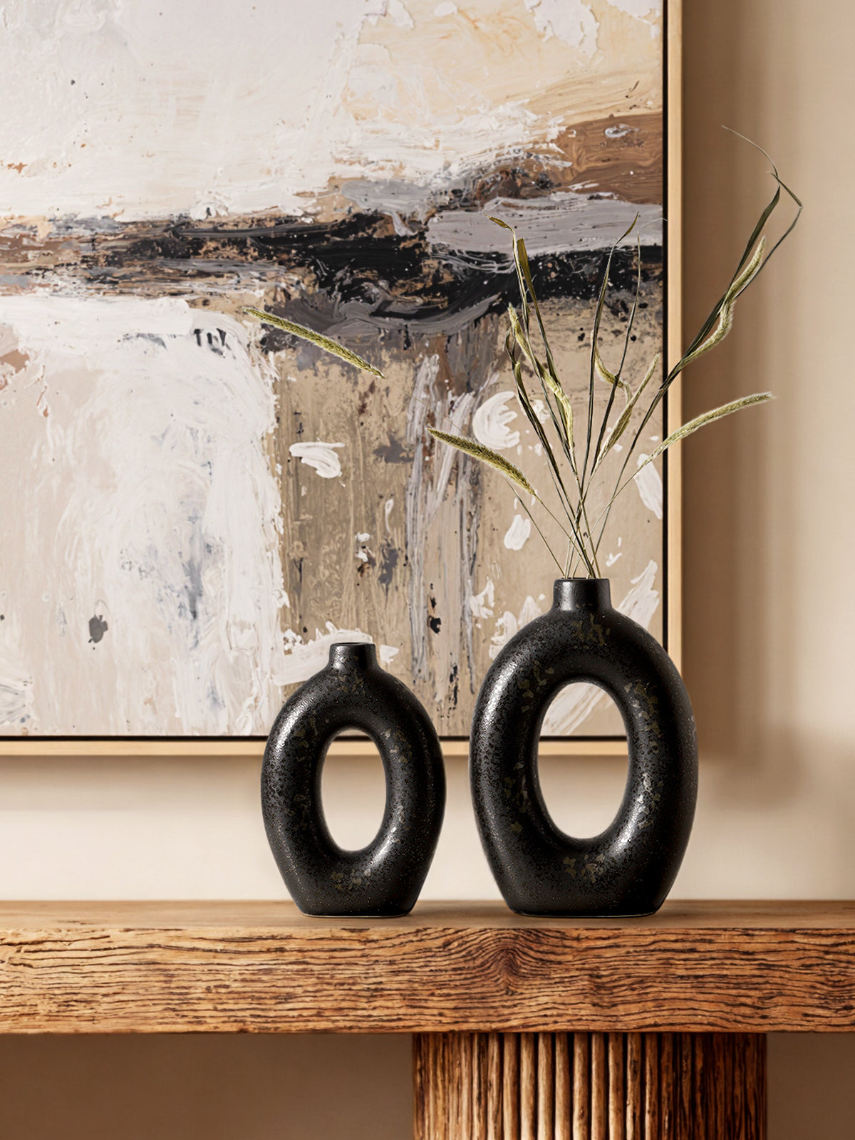 LE TAUCI Donut Vase Set of 2, 10.5” & 8.5” Hollow Ceramic Flower Vases, Nordic Decor Decorative Centerpiece Aesthetic for Living Room, Entry Table, Shelf, Mantel, Black with Bronze Speckle