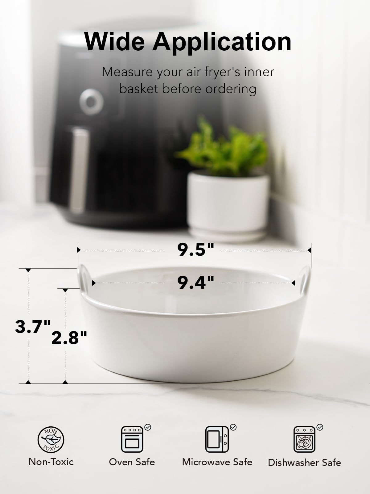 LE TAUCI Air Fryer Liners Reusable, Easy Clean Ceramic Liner for Air Fryer Basket, Air Fryer Accessories, AirFryer Basket Bowl, Replacement of Silicone Air Fryer Liner, White (Top 9.5in, Height 3.7in)