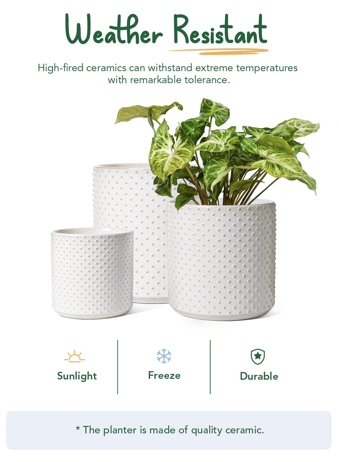 LE TAUCI 6+8+10 Inch Plant Pots Indoor, Ceramic Dot Planter Pots for Plants, Flower Pots Indoor for Home and Office, Mid-Modern Century Flower Pots with Drainage Hole and Plug, Glaze Arctic White