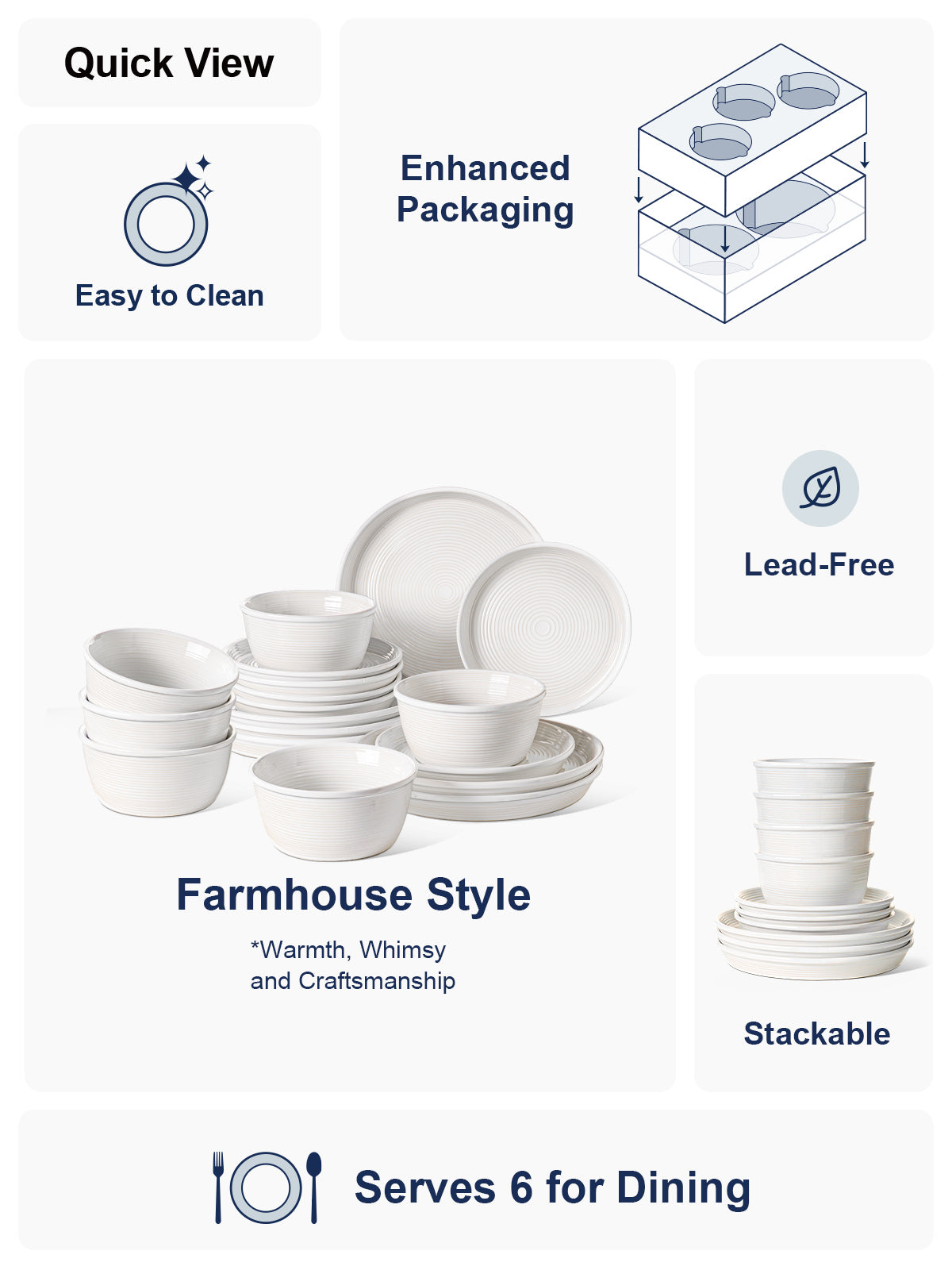 LE TAUCI 18-Piece Ceramic Dinnerware Set, Service for 6 – White Farmhouse Deeper Plates & Bowls (10" Dinner, 8" Salad, 6" Bowls), Stackable, Chip Resistant Stoneware Dishes