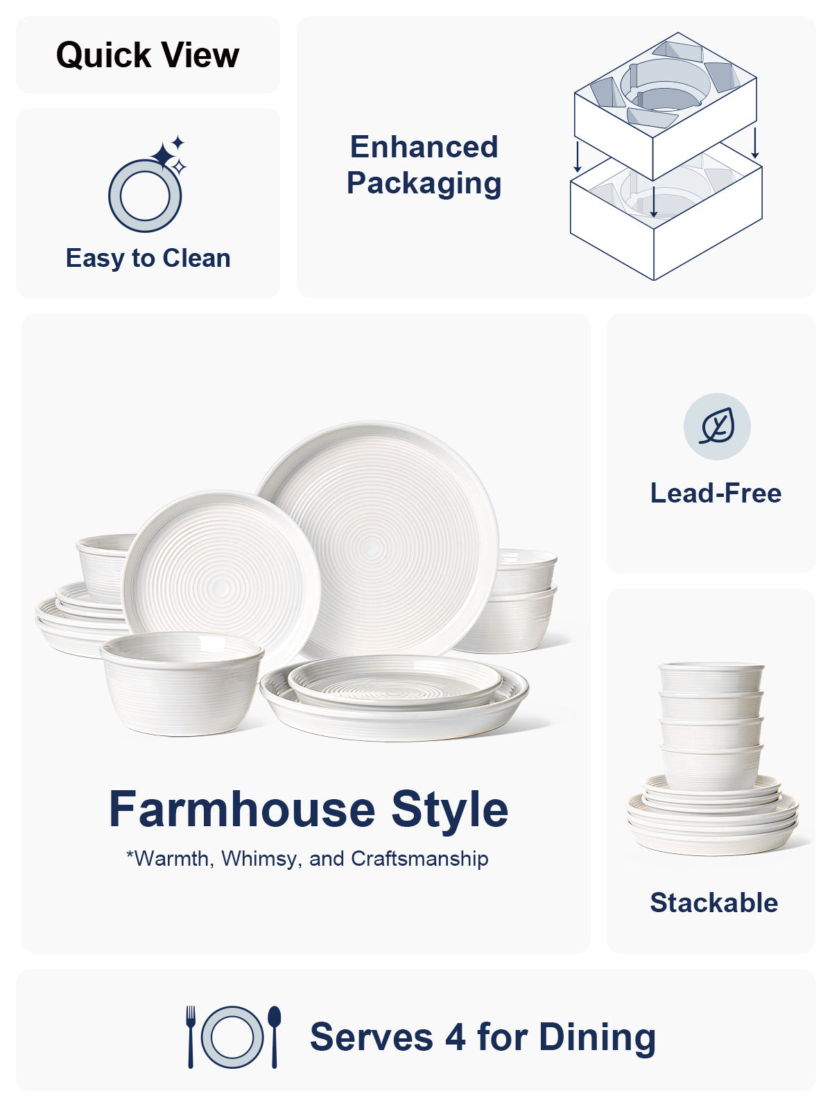 LE TAUCI 12‑Piece Ceramic Plates and Bowls Set, Service for 4 – White Farmhouse Dinnerware Sets with Deeper Plates (10" Dinner, 8" Salad, 6" Bowls), Dishwasher & Microwave Safe Stoneware Dishes