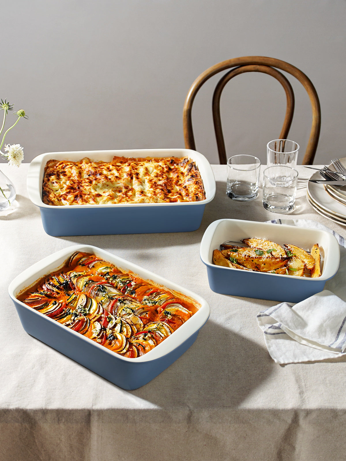LE TAUCI Deep Casserole Dishes for Oven, 13.7”x9.6” Ceramic Baking Dish Set with Roasting Racks, Large Lasagna Pans with Handles, Rectangular Bakeware as Gift for Mom, Dusty Blue(4.6QT/3.0QT/1.6QT), Set of 3