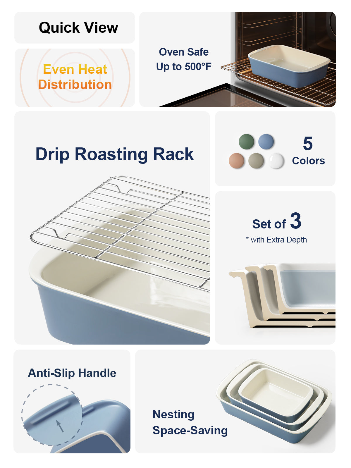 LE TAUCI Deep Casserole Dishes for Oven, 13.7”x9.6” Ceramic Baking Dish Set with Roasting Racks, Large Lasagna Pans with Handles, Rectangular Bakeware as Gift for Mom, Dusty Blue(4.6QT/3.0QT/1.6QT), Set of 3