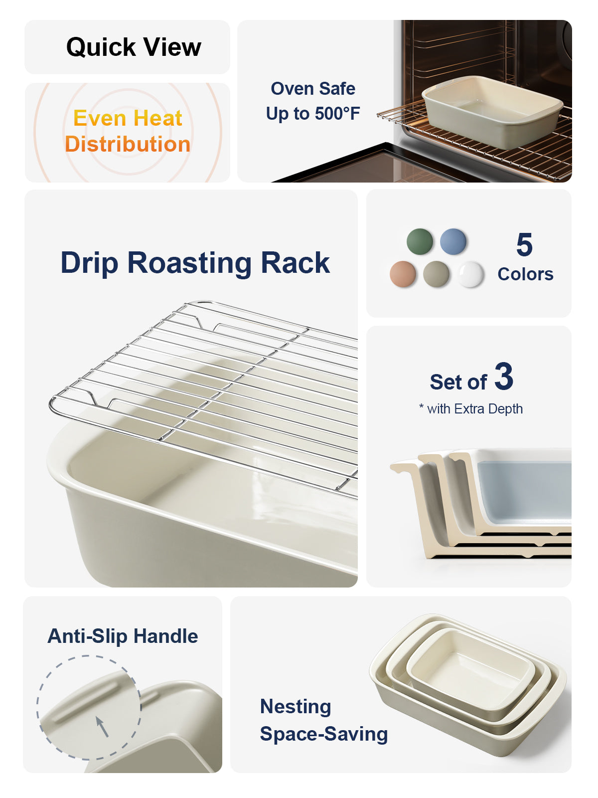 LE TAUCI Deep Casserole Dishes for Oven, 13.7”x9.6” Ceramic Baking Dish Set with Roasting Racks, Large Lasagna Pans with Handles, Rectangular Bakeware as Gift for Mom, Oatmeal Greige(4.6QT/3.0QT/1.6QT), Set of 3