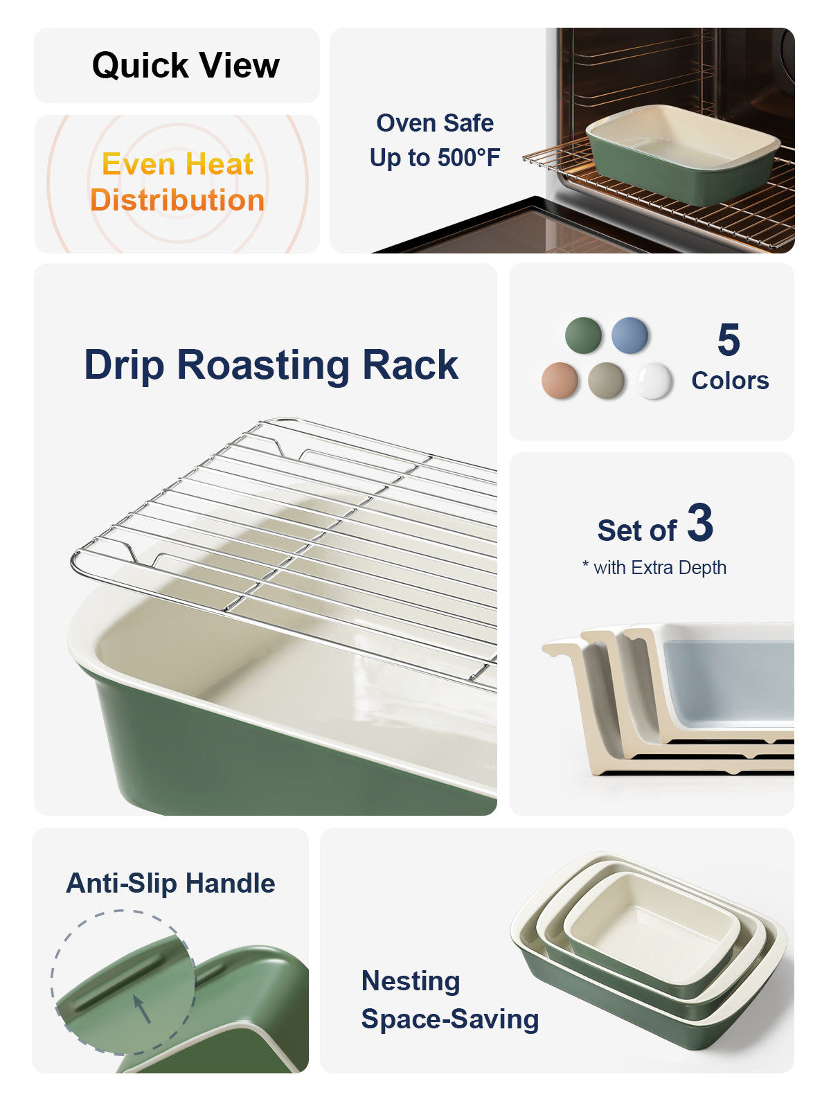 LE TAUCI Deep Casserole Dishes for Oven, 13.7”x9.6” Ceramic Baking Dish Set with Roasting Racks, Large Lasagna Pans with Handles, Rectangular Bakeware as Gift for Mom, Forest Green (4.6QT/3.0QT/1.6QT), Set of 3