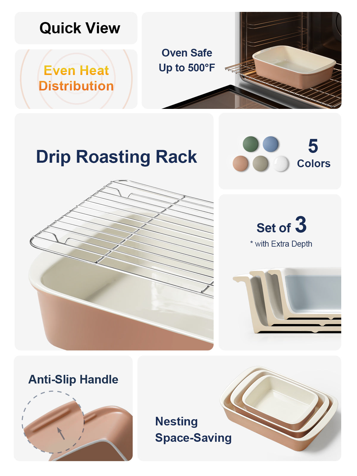 LE TAUCI Deep Casserole Dishes for Oven, 13.7”x9.6” Ceramic Baking Dish Set with Roasting Racks, Large Lasagna Pans with Handles, Rectangular Bakeware as Gift for Mom, Dusty Pink(4.6QT/3.0QT/1.6QT), Set of 3