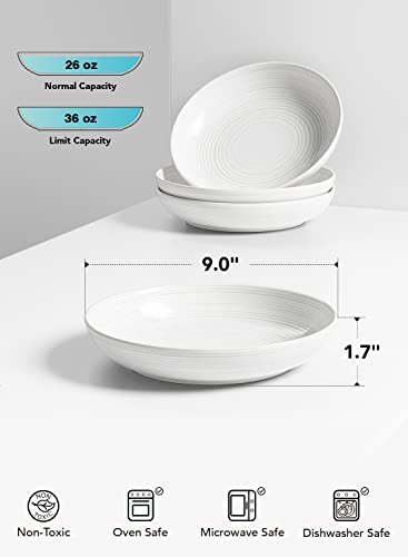 LE TAUCI Pasta Bowls 36 oz, Ceramic Shallow Salad Serving Plates, Large Dinner Bowl Set, Microwave Oven & Dishwasher Safe - 9 Inch, Set of 4, White