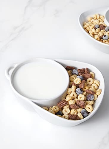 LE TAUCI Anti-Soggy Cereal Bowl, Ceramic Soup Bowl, Chip and Dip Bowl for Cracker and Snack, Divided Serving Bowls Set for Bread, Guacamole and Salsa,Set of 2, White
