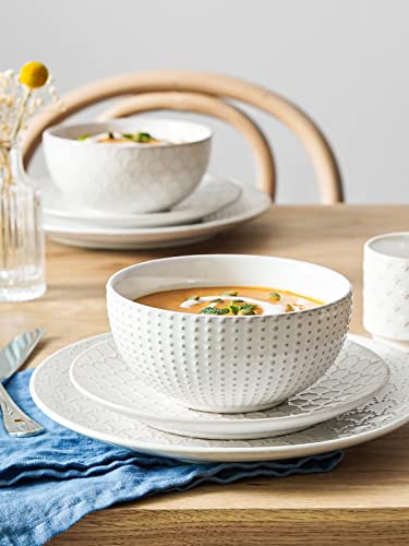 LE TAUCI Dinnerware Sets 12 Piece, House Warming Wedding Gift, Serve for 4 (10" Dinner Plates + 8" Salad Dish + 22 oz Bowl) x 4, Dishwasher Microwave Oven safe - Arctic White