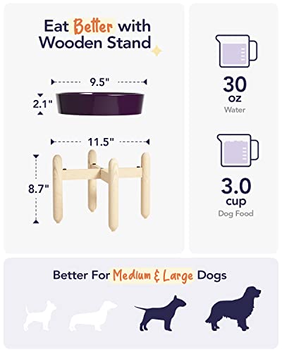 LE TAUCI Ceramic Slow Feeder Dog Bowls Elevated, 3 Cups Raised Dog Bowl with Wooden Stand for Medium Large Breed, Dog Dishes to Slow Down Eating, Puzzle Dog Food Bowl, Maze Purple
