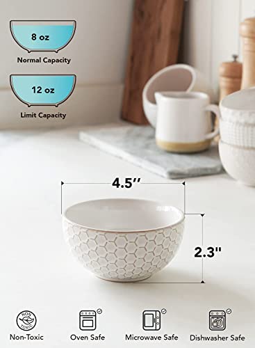 LE TAUCI Small Bowls 4.5 inch, House-warming Gift, Ceramic Embossment Stoneware Bowl for Ice Cream, Dessert, Fruits, Side Dishes - 12 oz, Set of 4, Arctic white
