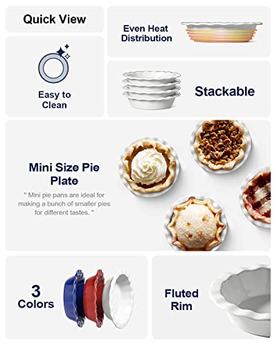 LE TAUCI Mini Pie Pans, 6.5 Inch Pie Plate Ceramic, 12 Ounce Pie Dish Ramekins, Individual Chicken Pot Pie, Ruffled Edge Bowls, Set of 6, White