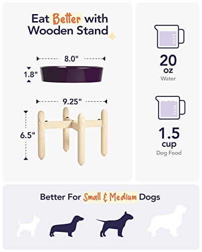 LE TAUCI Ceramic Slow Feeder Dog Bowls Elevated for Small and Medium Breed, Dog Bowls with Wooden Stand, 1.5 Cups Dog Dishes to Slow Down Eating, Anti-Gulping Pet Feeding Dishes, Maze Purple
