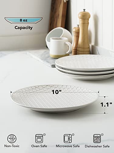 LE TAUCI Dinner Plates 10 Inch, White Pasta Plates, House Warming and Wedding Gift, Ceramic Embossed Plate Set for Kitchen Decoration, Microwave, Oven, and Dishwasher Safe - Set of 4, Arctic white