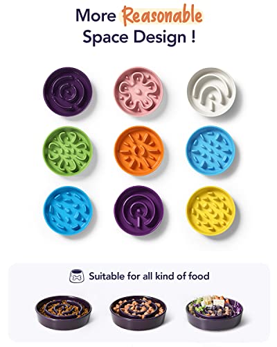 LE TAUCI Ceramic Slow Feeder Dog Bowls Elevated for Small and Medium Breed, Dog Bowls with Wooden Stand, 1.5 Cups Dog Dishes to Slow Down Eating, Anti-Gulping Pet Feeding Dishes, Maze Purple