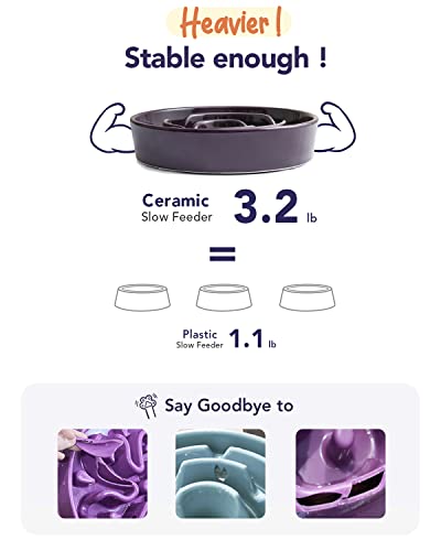 LE TAUCI Ceramic Slow Feeder Dog Bowls Elevated for Small and Medium Breed, Dog Bowls with Wooden Stand, 1.5 Cups Dog Dishes to Slow Down Eating, Anti-Gulping Pet Feeding Dishes, Maze Purple