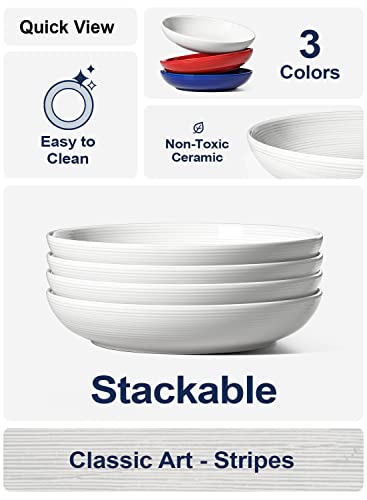 LE TAUCI Pasta Bowls 36 oz, Ceramic Shallow Salad Serving Plates, Large Dinner Bowl Set, Microwave Oven & Dishwasher Safe - 9 Inch, Set of 4, White