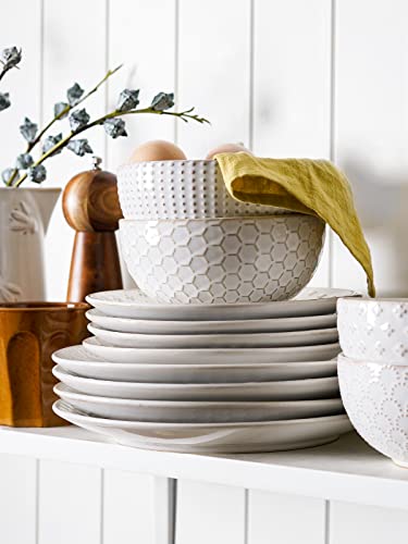 LE TAUCI Dinnerware Sets 12 Piece, House Warming Wedding Gift, Serve for 4 (10" Dinner Plates + 8" Salad Dish + 22 oz Bowl) x 4, Dishwasher Microwave Oven safe - Arctic White