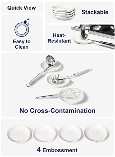 LE TAUCI Ceramic Spoon Rest for Counter, Embossment Farmhouse Gift, Coffee Spoon Holder for Kitchen, Stove Top Protection, Kitchen Decor, Accessories for Countertop - 4.8 inch, Set of 4, White