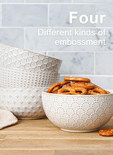 LE TAUCI Small Bowls 4.5 inch, House-warming Gift, Ceramic Embossment Stoneware Bowl for Ice Cream, Dessert, Fruits, Side Dishes - 12 oz, Set of 4, Arctic white