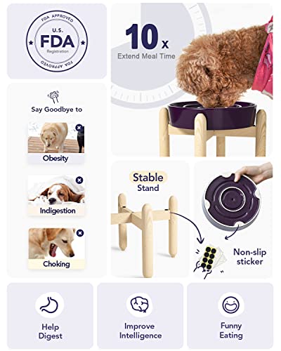 LE TAUCI Ceramic Slow Feeder Dog Bowls Elevated for Small and Medium Breed, Dog Bowls with Wooden Stand, 1.5 Cups Dog Dishes to Slow Down Eating, Anti-Gulping Pet Feeding Dishes, Maze Purple