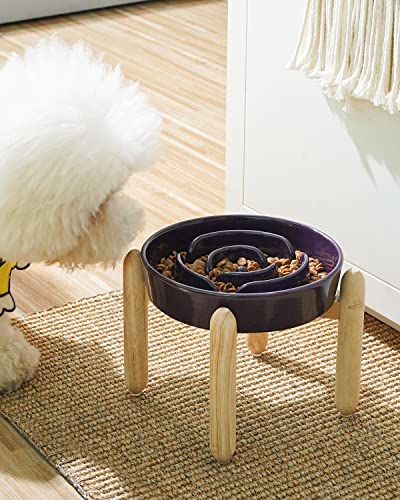 LE TAUCI Ceramic Slow Feeder Dog Bowls Elevated for Small and Medium Breed, Dog Bowls with Wooden Stand, 1.5 Cups Dog Dishes to Slow Down Eating, Anti-Gulping Pet Feeding Dishes, Maze Purple