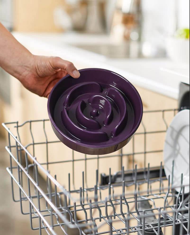 LE TAUCI Ceramic Slow Feeder Dog Bowls Elevated for Small and Medium Breed, Dog Bowls with Wooden Stand, 1.5 Cups Dog Dishes to Slow Down Eating, Anti-Gulping Pet Feeding Dishes, Maze Purple