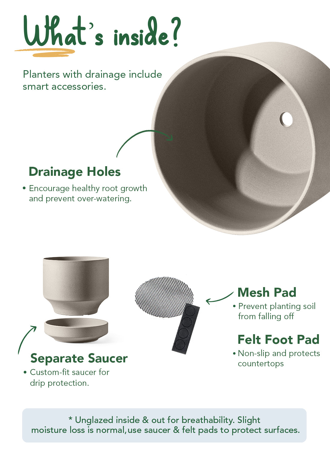 LE TAUCI 12 Inch Pots for Plants with Saucer | Ceramic Outdoor & Indoor Planter Pot for Plants | Drainage Hole, Mesh Pad & Plug | Unglazed Porous | Modern for Home, Office and Patio – Neutral Gray
