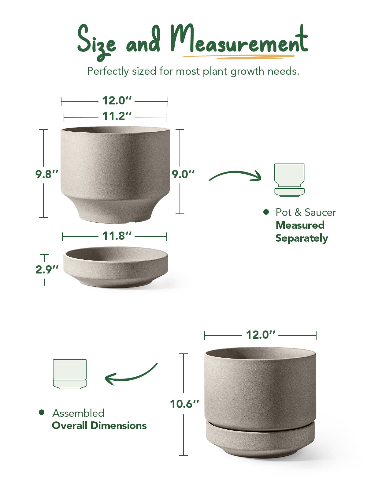 LE TAUCI 12 Inch Pots for Plants with Saucer | Ceramic Outdoor & Indoor Planter Pot for Plants | Drainage Hole, Mesh Pad & Plug | Unglazed Porous | Modern for Home, Office and Patio – Neutral Gray