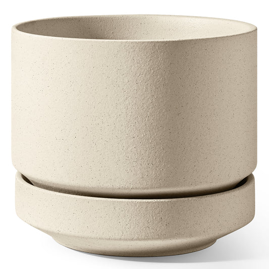 LE TAUCI 12 Inch Pots for Plants with Saucer | Ceramic Outdoor & Indoor Planter Pot for Plants | Drainage Hole, Mesh Pad & Plug | Unglazed Porous | Modern for Home, Office and Patio – Speckled Oat