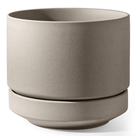 LE TAUCI 12 Inch Pots for Plants with Saucer | Ceramic Outdoor & Indoor Planter Pot for Plants | Drainage Hole, Mesh Pad & Plug | Unglazed Porous | Modern for Home, Office and Patio – Neutral Gray