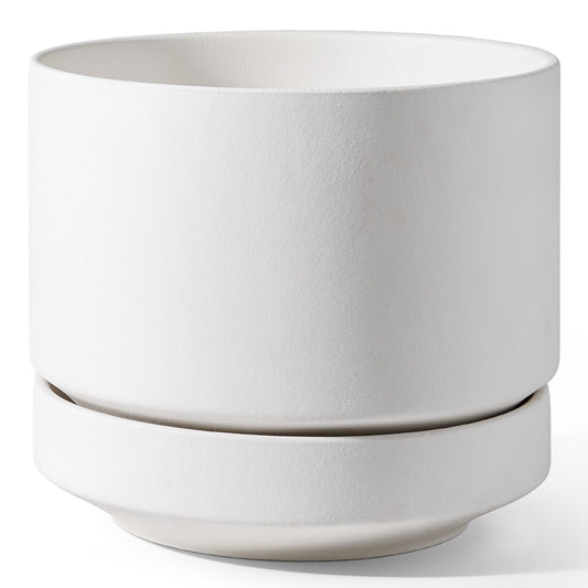 LE TAUCI 12 Inch Pots for Plants with Saucer | Ceramic Outdoor & Indoor Planter Pot for Plants | Drainage Hole, Mesh Pad & Plug | Unglazed Porous | Modern for Home, Office and Patio – Chalk White