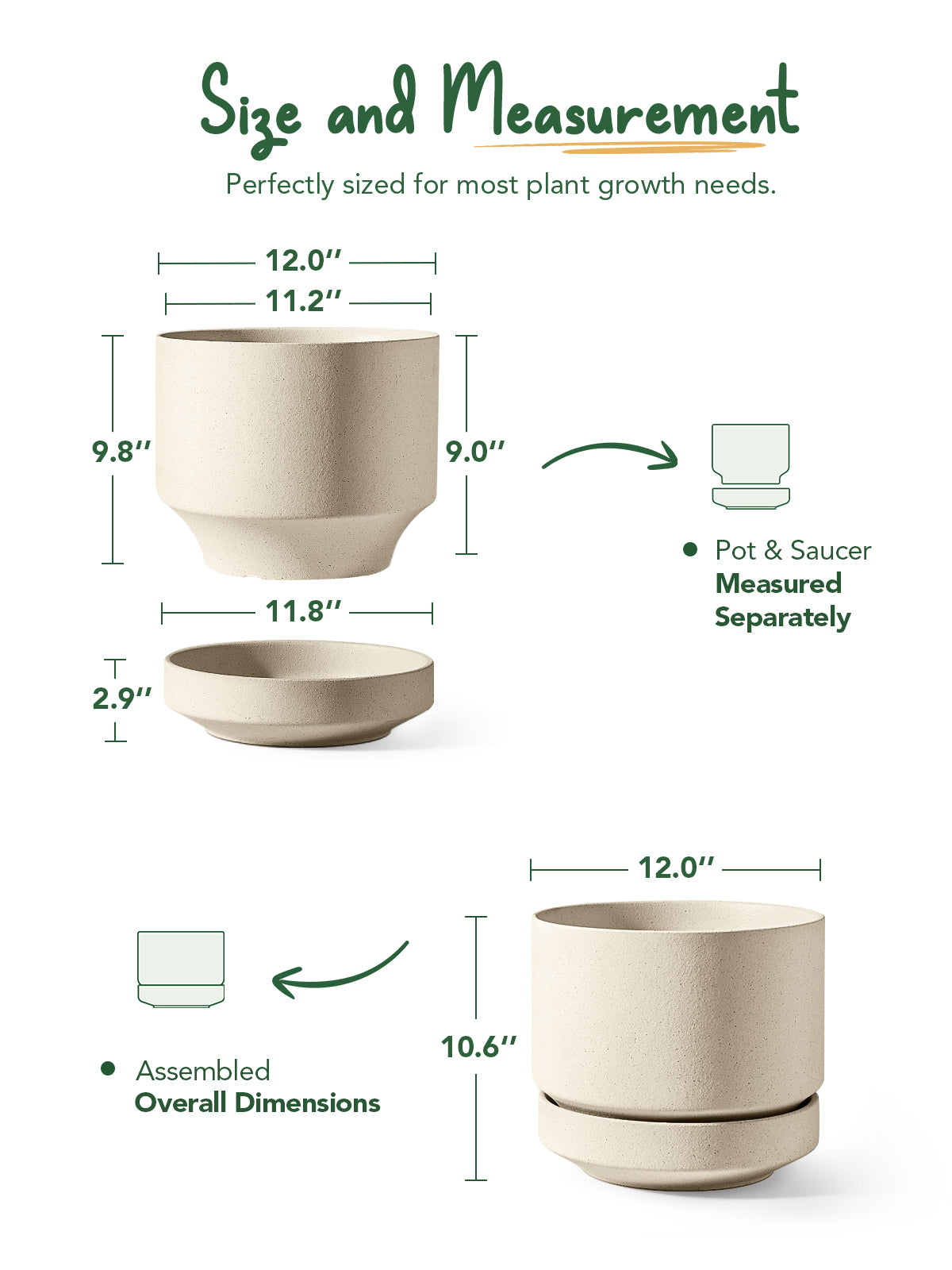 LE TAUCI 12 Inch Pots for Plants with Saucer | Ceramic Outdoor & Indoor Planter Pot for Plants | Drainage Hole, Mesh Pad & Plug | Unglazed Porous | Modern for Home, Office and Patio – Speckled Oat