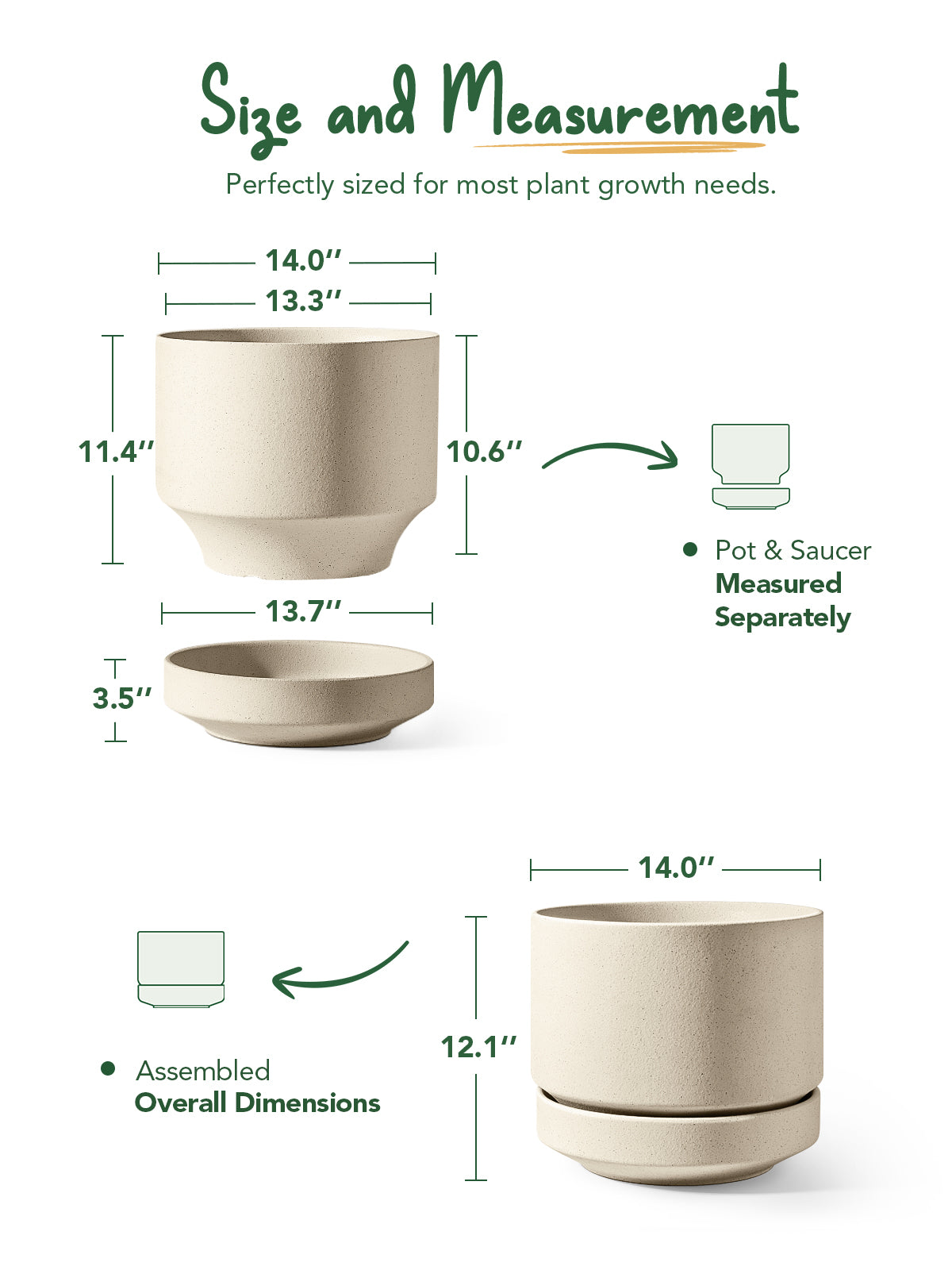 LE TAUCI Large 14 Inch Plant Pot with Saucer | Ceramic Outdoor & Indoor Big Planter Pot | Drainage Hole, Mesh Pad & Plug | Unglazed Porous | Modern Minimalist for Home and Patio – Speckled Oat