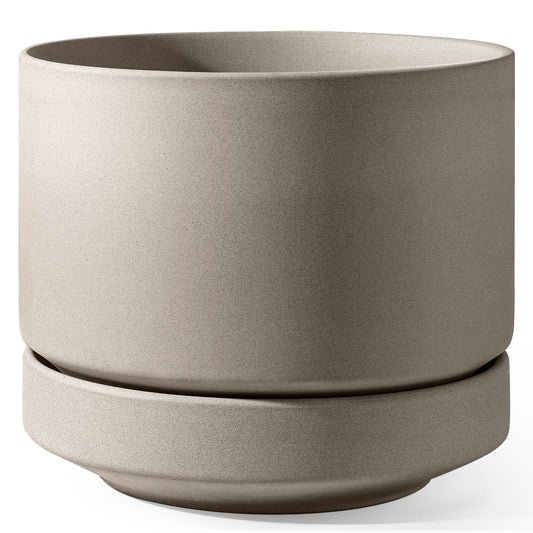 LE TAUCI Large 14 Inch Plant Pot with Saucer | Ceramic Outdoor & Indoor Big Planter Pot | Drainage Hole, Mesh Pad & Plug | Unglazed Porous | Modern Minimalist for Home and Patio – Neutral Gray