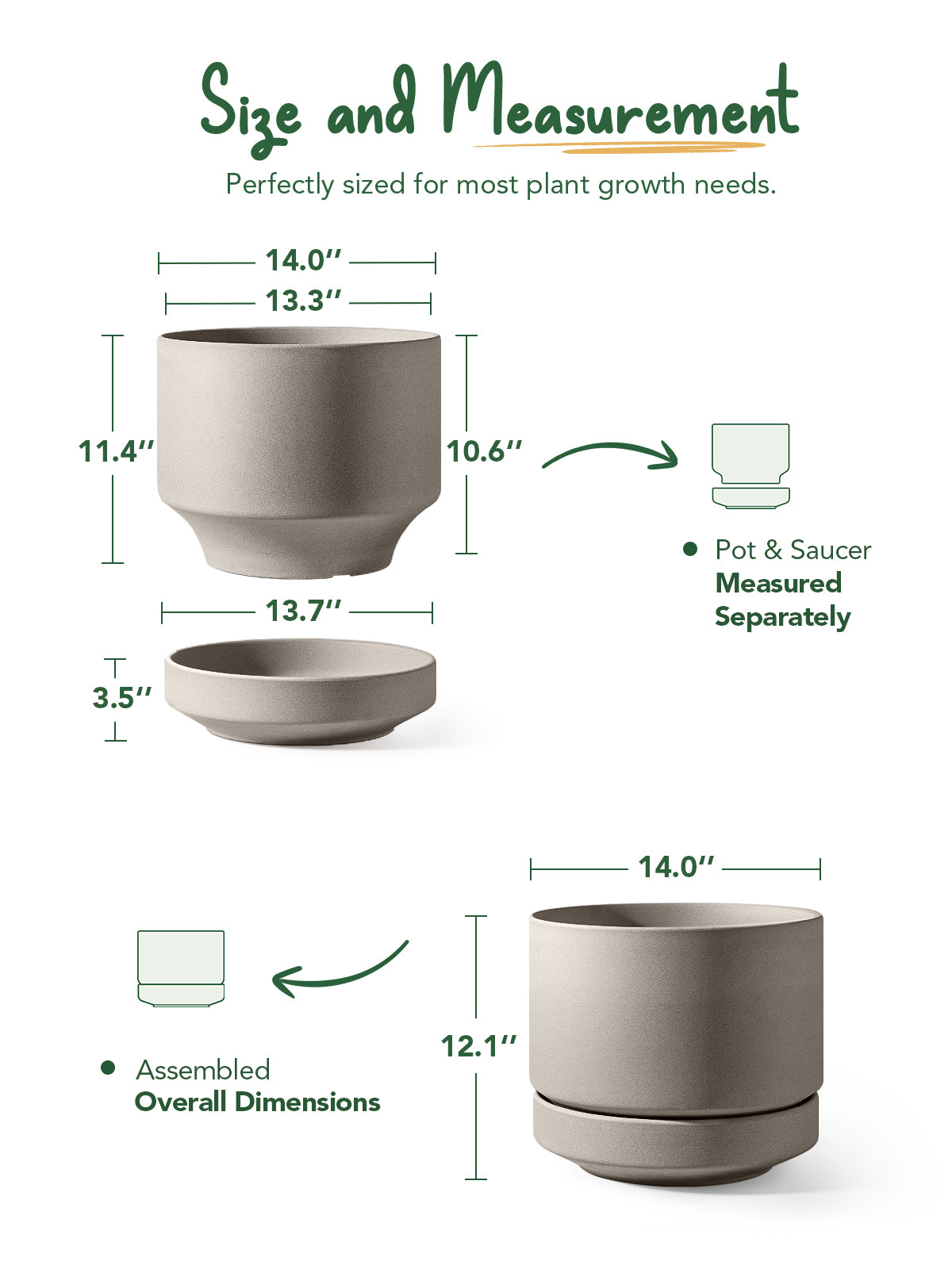 LE TAUCI Large 14 Inch Plant Pot with Saucer | Ceramic Outdoor & Indoor Big Planter Pot | Drainage Hole, Mesh Pad & Plug | Unglazed Porous | Modern Minimalist for Home and Patio – Neutral Gray