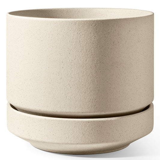 LE TAUCI Large 14 Inch Plant Pot with Saucer | Ceramic Outdoor & Indoor Big Planter Pot | Drainage Hole, Mesh Pad & Plug | Unglazed Porous | Modern Minimalist for Home and Patio – Speckled Oat
