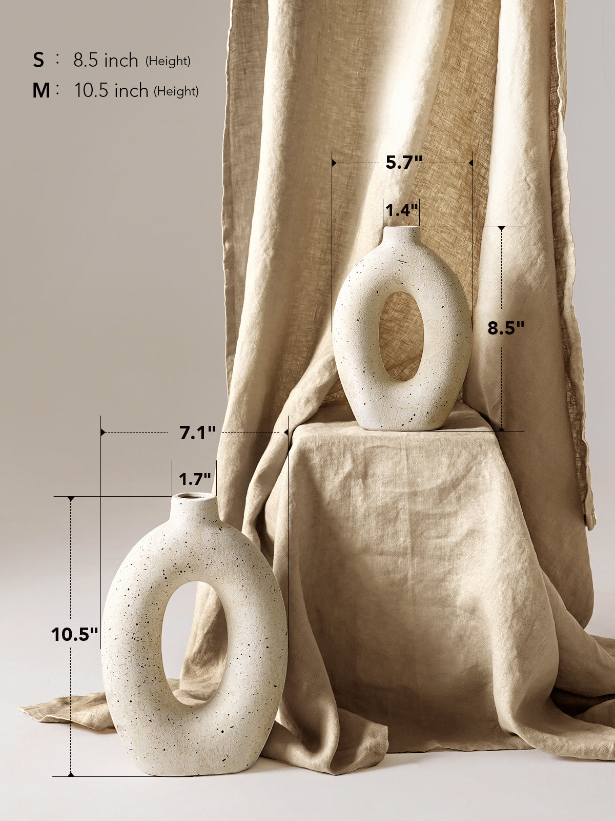 LE TAUCI Donut Vase Set of 2, 10.5” & 8.5” Hollow Ceramic Flower Vases, Nordic Decor Decorative Centerpiece for Living Room, Entry Table, Shelf, Mantel, Ivory Speckled