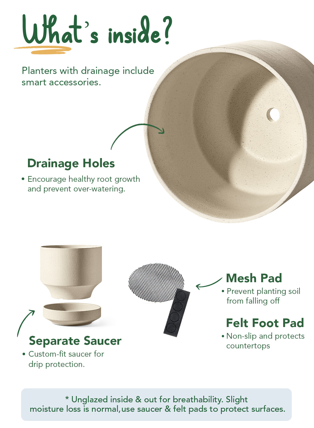LE TAUCI Large 14 Inch Plant Pot with Saucer | Ceramic Outdoor & Indoor Big Planter Pot | Drainage Hole, Mesh Pad & Plug | Unglazed Porous | Modern Minimalist for Home and Patio – Speckled Oat