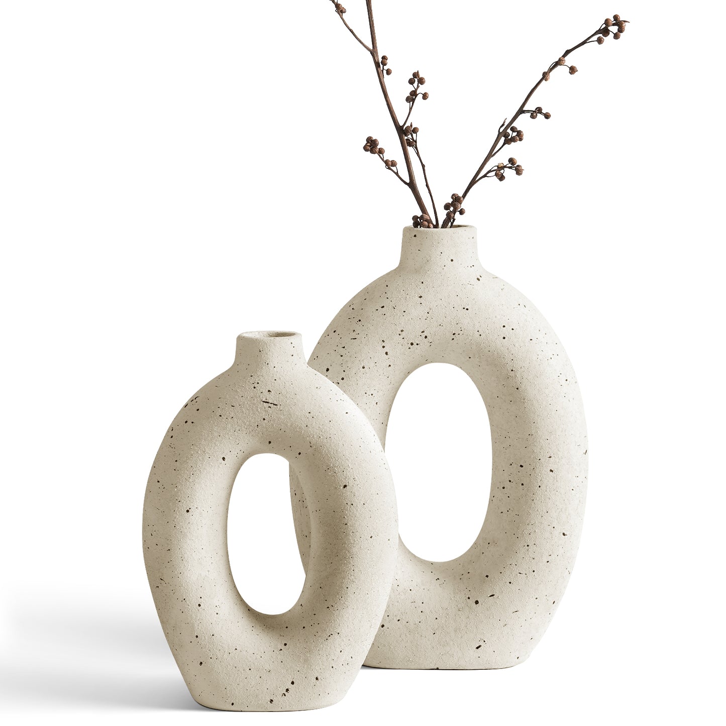 LE TAUCI Donut Vase Set of 2, 10.5” & 8.5” Hollow Ceramic Flower Vases, Nordic Decor Decorative Centerpiece for Living Room, Entry Table, Shelf, Mantel, Ivory Speckled