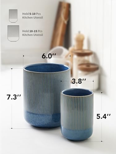 LE TAUCI Utensil Holder, 7.3"+5.4" Ceramic Kitchen Utensil Holder for Countertop, Large Cooking Utensil Crocks Gift for Mother's Day, Costal Ocean Home Kitchen Decor, Set of 2,Glaze Marble Blue