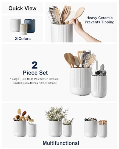 LE TAUCI Utensil Holder, 7.3"+5.4" Ceramic Kitchen Utensil Holder for Countertop, Large Cooking Utensil Crocks for Kitchen Counter, Morden Utensil Organizer for Spatula, Kitchen Decor, Set of 2, White