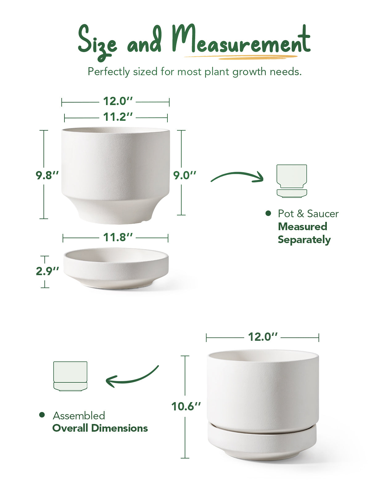LE TAUCI 12 Inch Pots for Plants with Saucer | Ceramic Outdoor & Indoor Planter Pot for Plants | Drainage Hole, Mesh Pad & Plug | Unglazed Porous | Modern for Home, Office and Patio – Chalk White