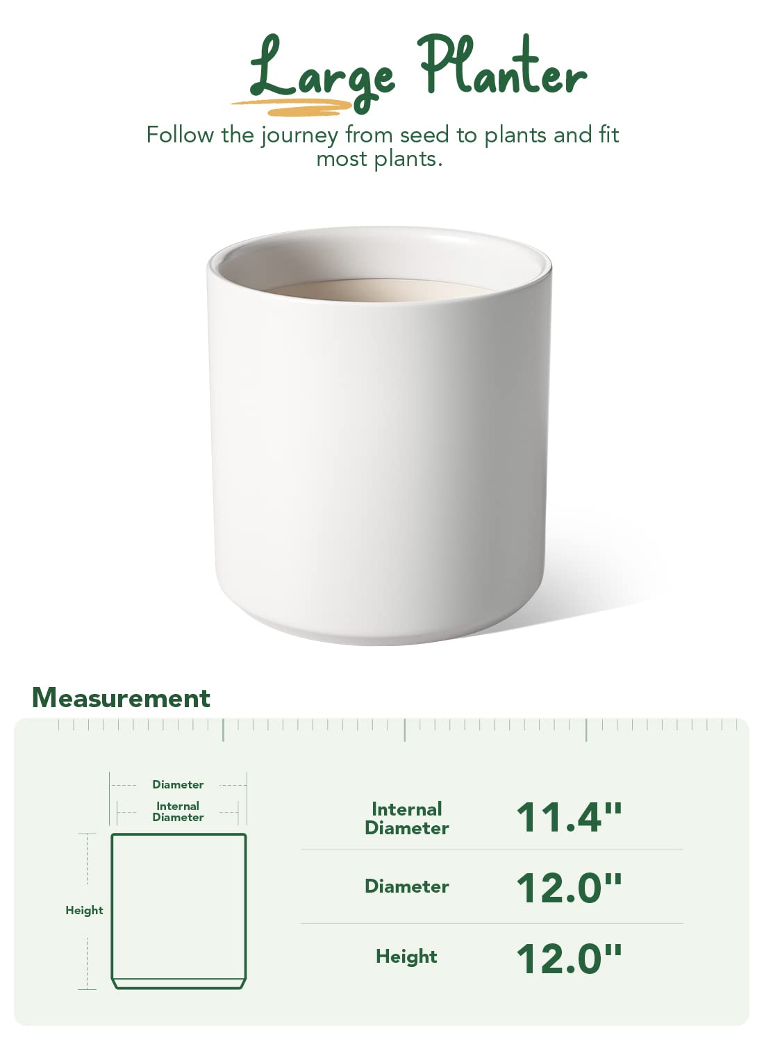 LE TAUCI 12 Inch Pot for Plants, Ceramic Large Planter for Indoor Plants, Mid-Century Modern Flower Pots with Drainage Hole and Removable Plug, White