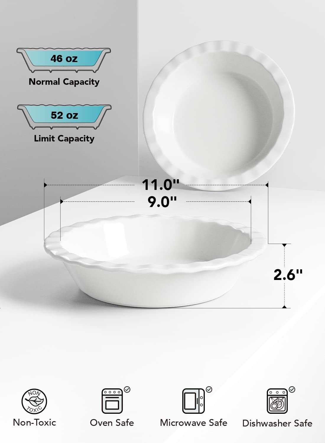 LE TAUCI Ceramic Pie Pans Plate for Baking, 9 inch Deep Dish Baking Dish, 52 ounce Bakeware for Apple Pecan Pie, Set of 2, White