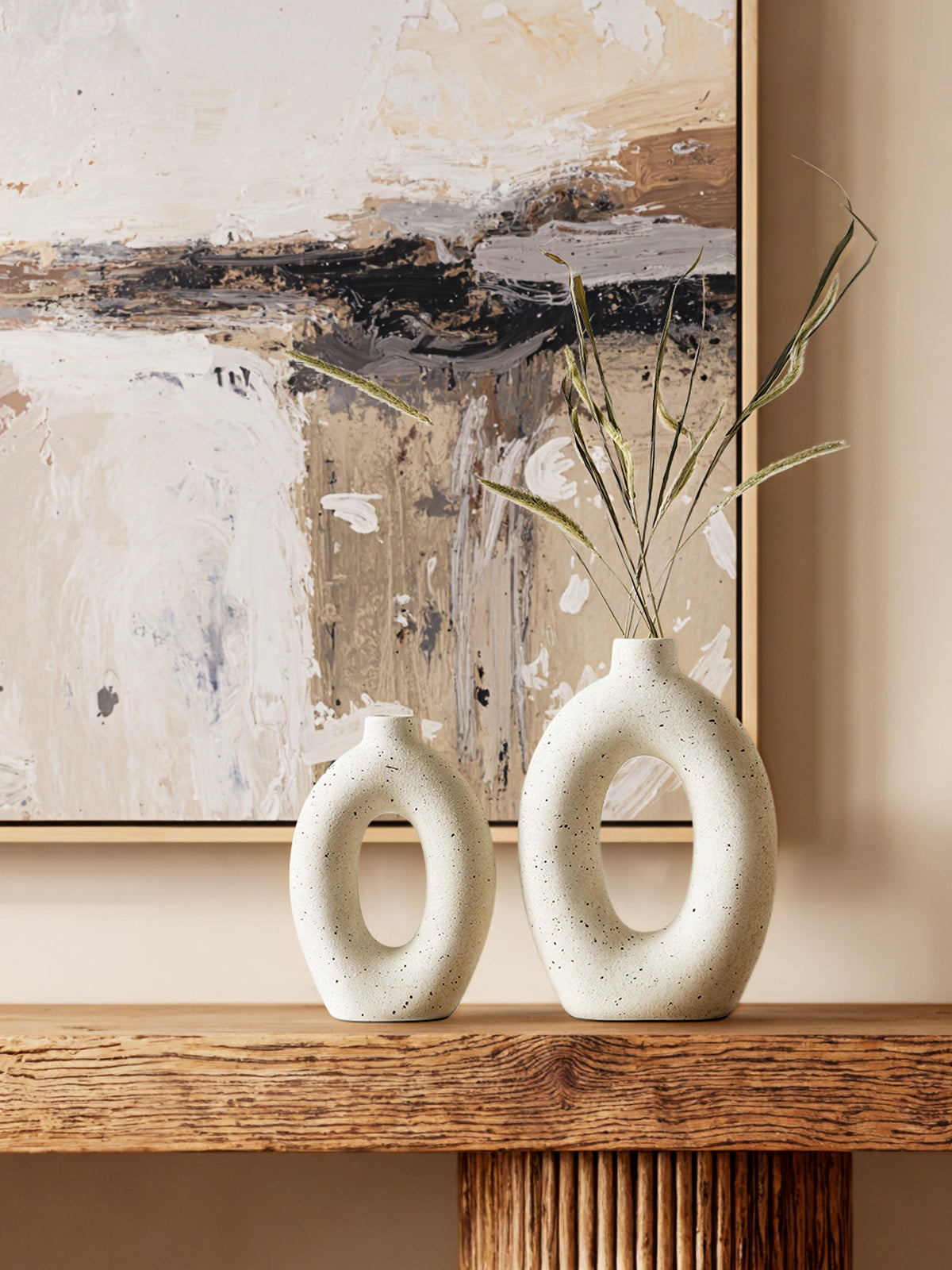 LE TAUCI Donut Vase Set of 2, 10.5” & 8.5” Hollow Ceramic Flower Vases, Nordic Decor Decorative Centerpiece for Living Room, Entry Table, Shelf, Mantel, Ivory Speckled