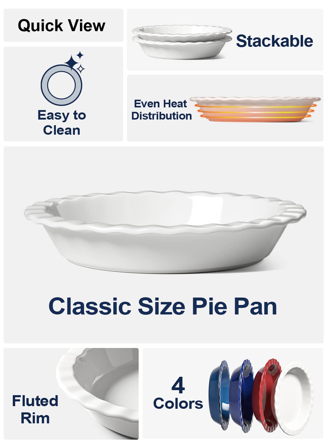 LE TAUCI Ceramic Pie Pans for Baking, 9 Inches Pie Plate for Apple Pie, Round Baking Dish, 36 Ounce Fluted Dish Pie Pan, Set of 2, White