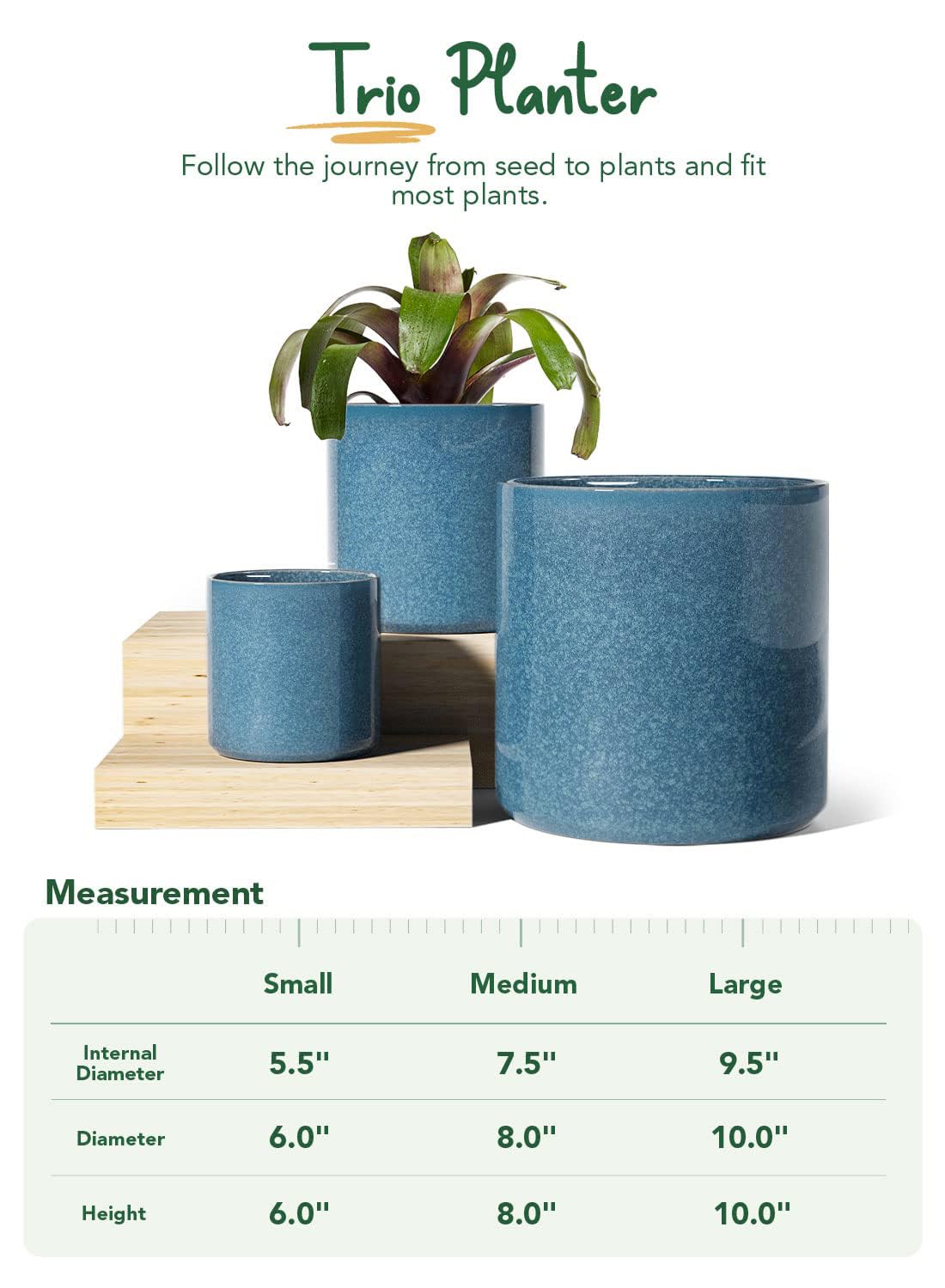 LE TAUCI Ceramic Plant Pots Indoor, 10 Inch 8 Inch 6 Inch Planters for Indoor Plants, Mid-Century Modern Flower Pots with Drainage Hole, Cylinder Round Planter Pots, Set of 3, Reactive Glaze Blue