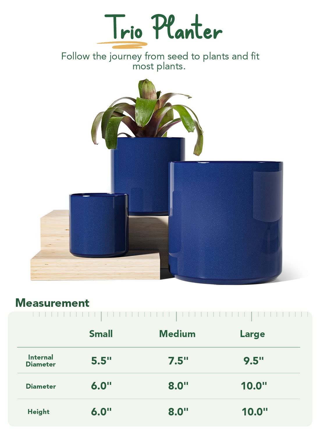 LE TAUCI Large Plant Pots Set, 10/8/6 Inch Ceramic Planters for Indoor Plants, Mid-Century Modern Flower Planter Pots with Drainage Hole and Plug, Cylinder Round Planter Pots, Set of 3, Sapphire Blue