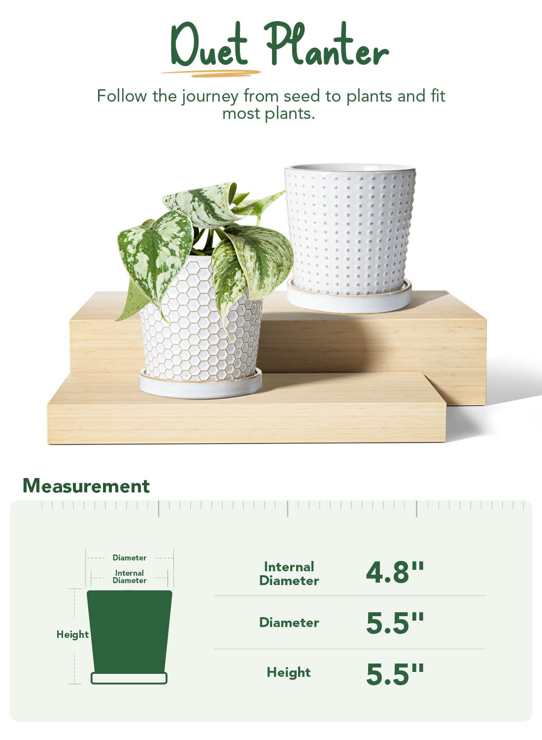 LE TAUCI Ceramic Plant Pots, 5.4 Inch Pots for Indoor Plants, Planters with Drainage Hole and Saucer, Flower Pots for Succulent, Snake Plants and Cactus, Set of 2, Reactive Glaze White